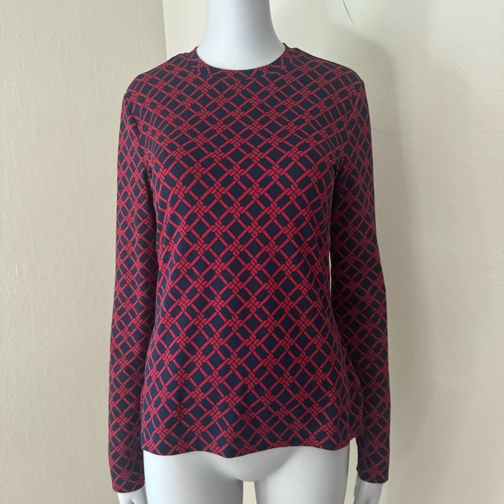 BROOKS BROTHERS Knit Top Long Sleeve Trellis Print Round Neck Red Navy Blue - Picture 9 of 12